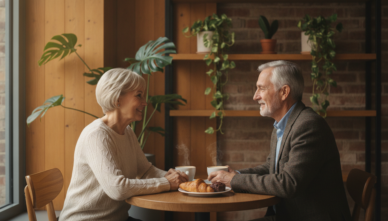 Älteres Paar beim ersten Date lächelt sich in gemütlichem Café an