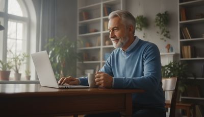 Älterer Mann sitzt lächelnd zuhause am Laptop und sucht online nach einer Partnerin